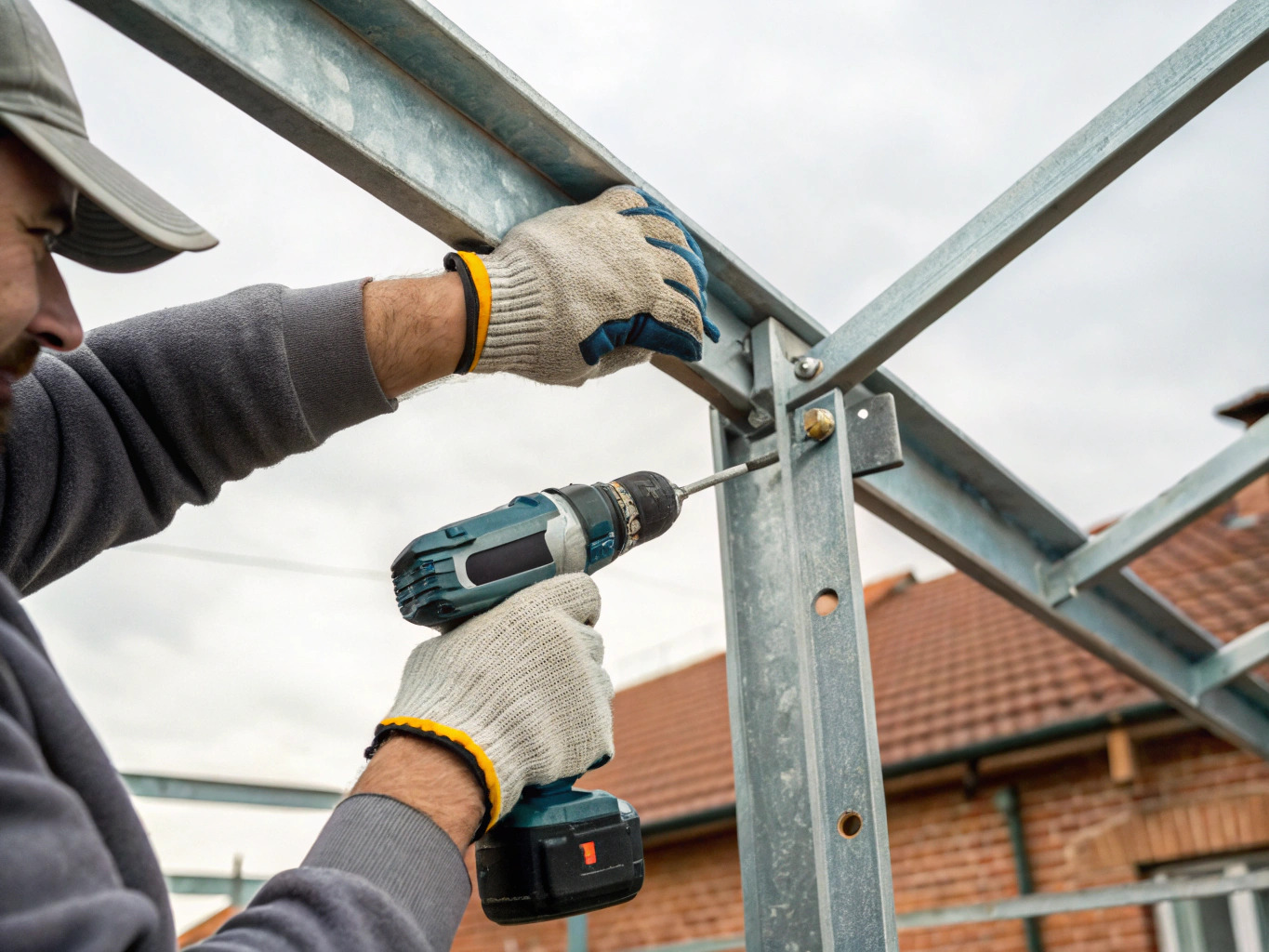 tradesperson securing a steel bracket during carport installation